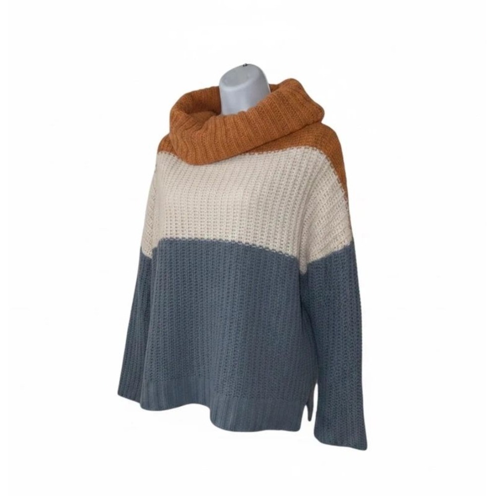Easel Colorblock Cowl Neck Sweater Small Chunky Waffle Knit Boho Blue Orange